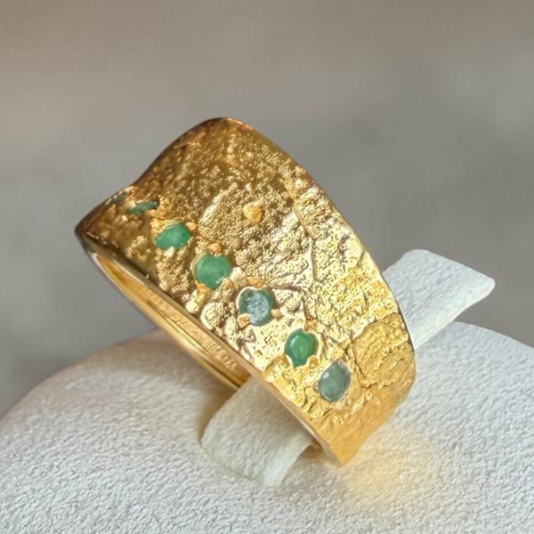 One of a Kind Emerald Gold Ring – Handmade Textured 18k Gold Plated Sterling Silver Statement Ring