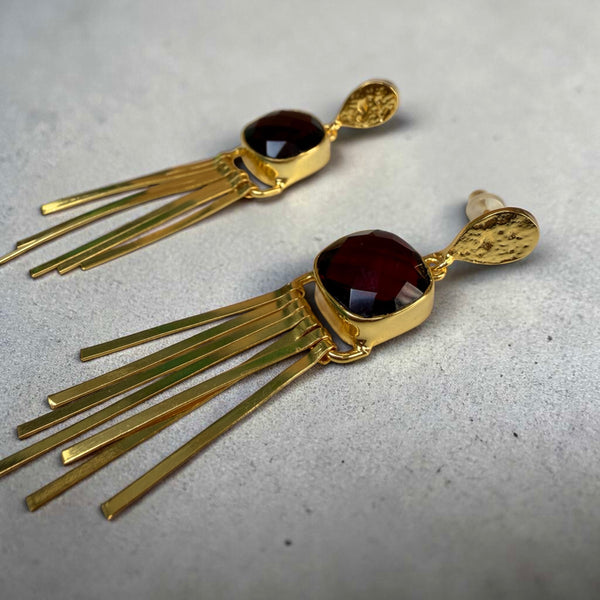 Cosmic Flame Earrings – Gold Statement with Garnet