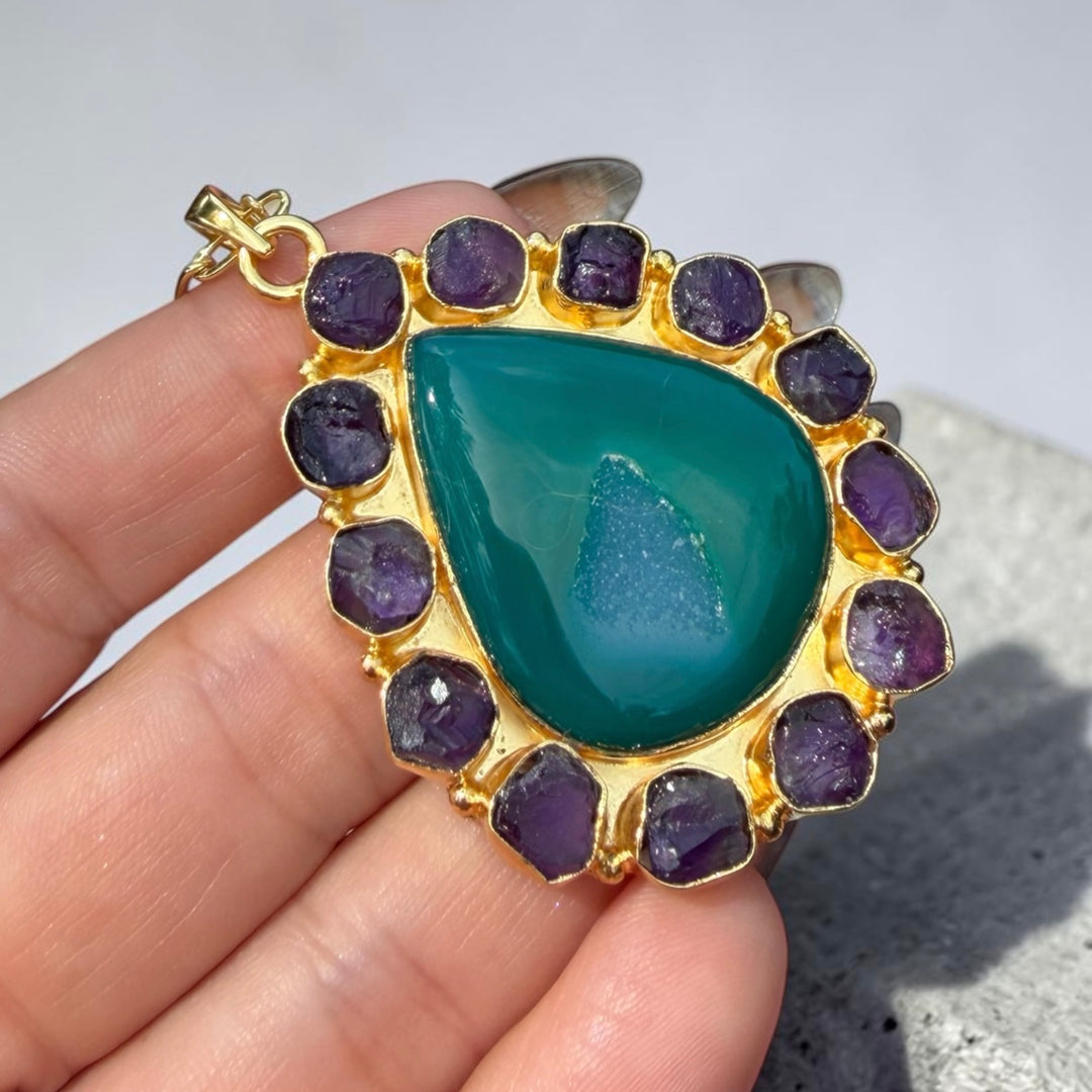 Solar Bloom Teal Agate Druzy & Amethyst Pendant Necklace