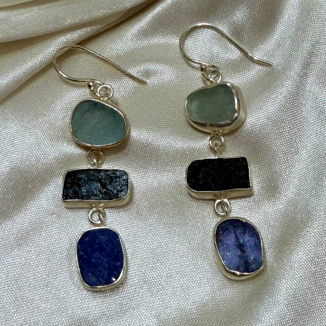 Three-Tier Crystal Earrings | Aquamarine, Tourmaline & Amethyst | Sterling Silver