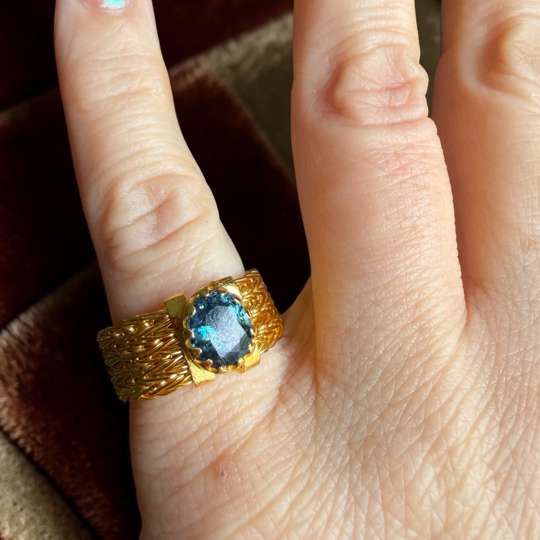 One-of-a-Kind Sapphire Statement Ring – Handmade 18K Gold Plated Sterling Silver Woven Band