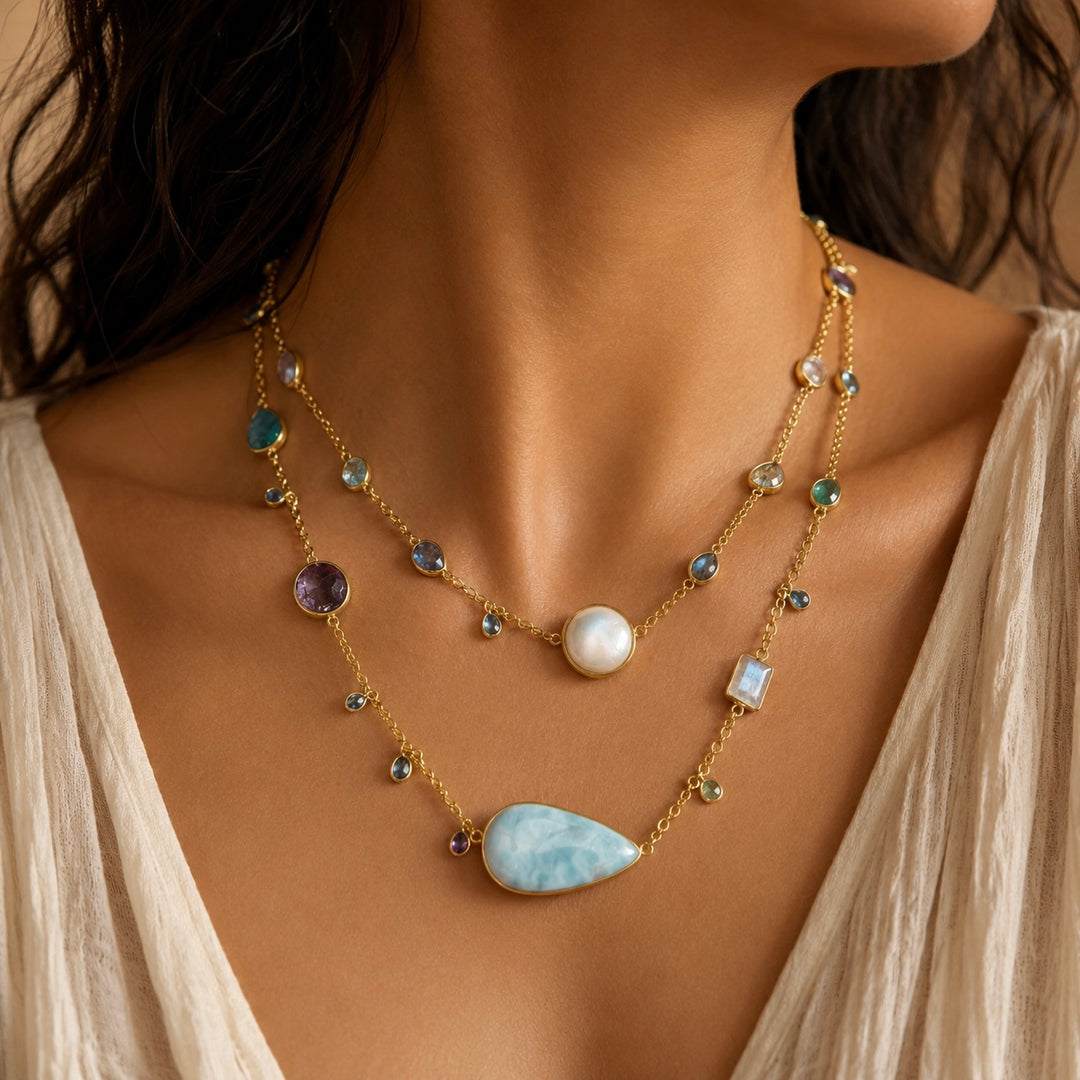 Zarif Larimar, Tourmaline, Tanzanite, Pearl & Amethyst Layered Necklace