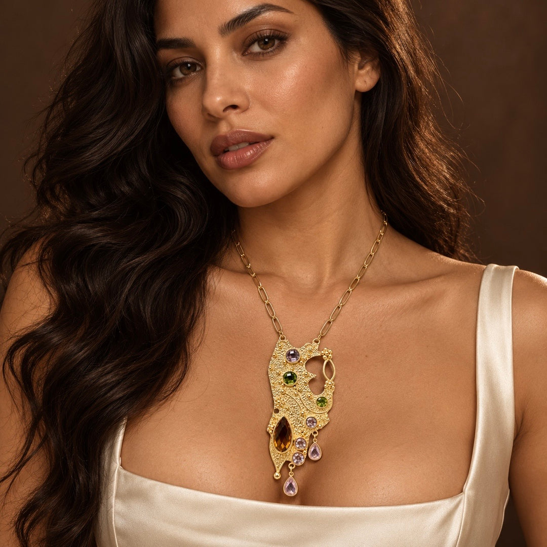 The Byzantine Empress 
Pink Quartz, Hydro Citrine and Peridot Necklace