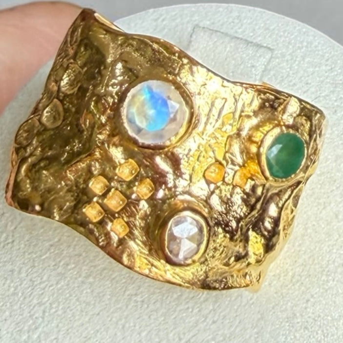 One-of-a-Kind Emerald, Moonstone & Diamond Statement Ring in Gold-Plated Sterling Silver