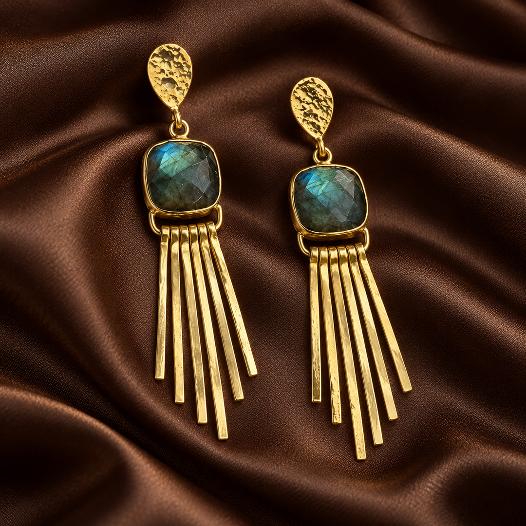 Cosmic Flame Earrings – Gold Statement with Labradorite
