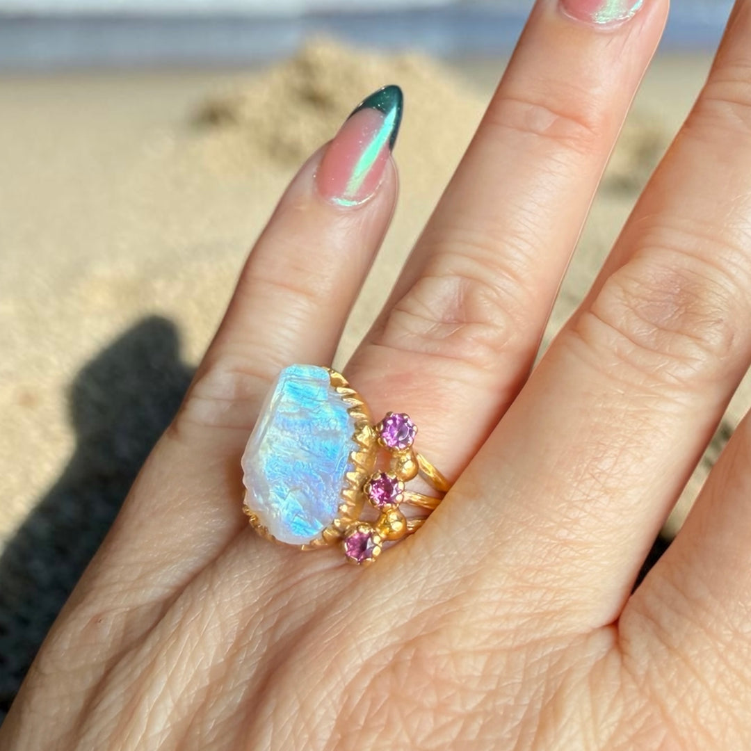 One-of-a-Kind Natural Rough Moonstone & Amethyst Statement Ring – 18K Gold Plated Sterling Silver