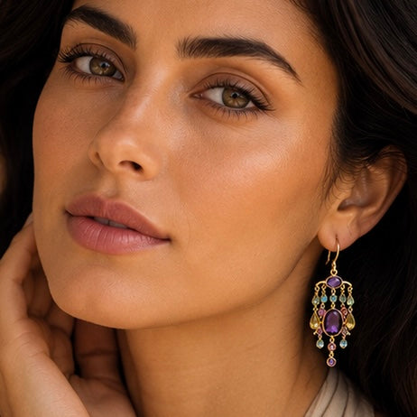 Zarif Amethyst & Mixed Gemstone Chandelier Earrings