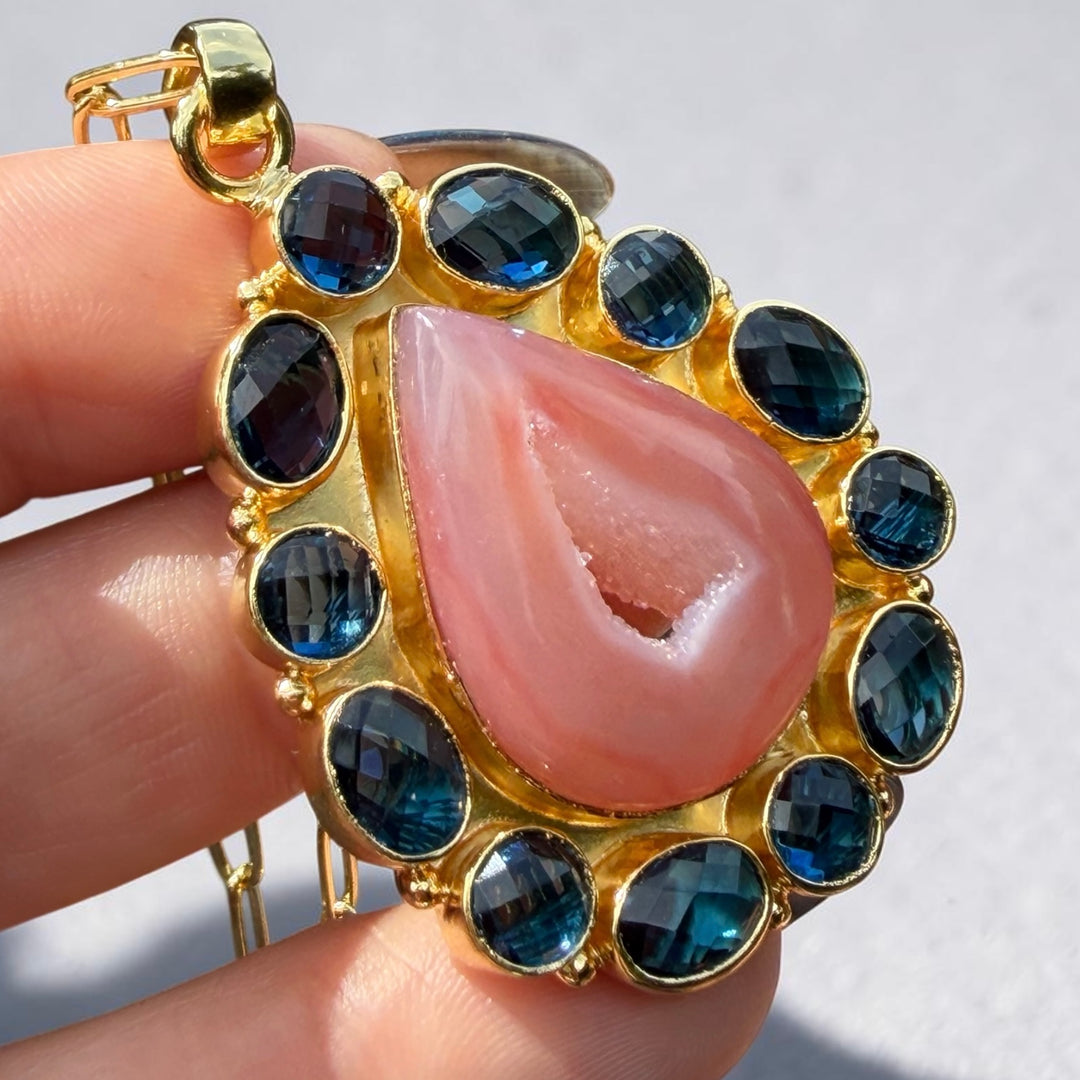 Solar Bloom / Peach Agate Druzy & Blue Topaz Pendant