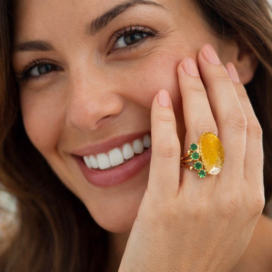 One-of-a-Kind Citrine & Emerald Statement Ring – 18K Gold Plated Sterling Silver