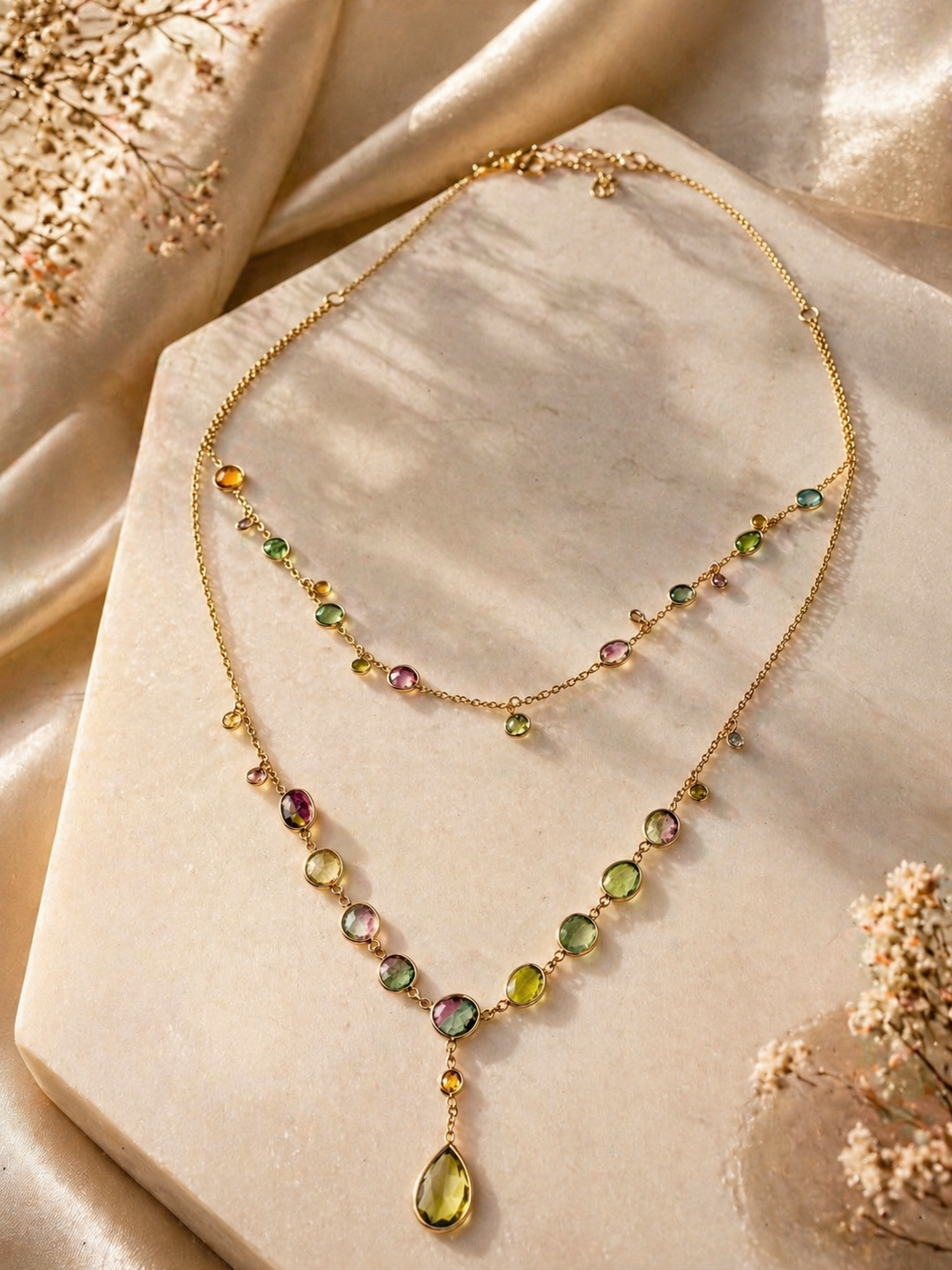 Watermelon Tourmaline & Yellow Topaz Layered Necklace in 18K Gold Plated Sterling Silver