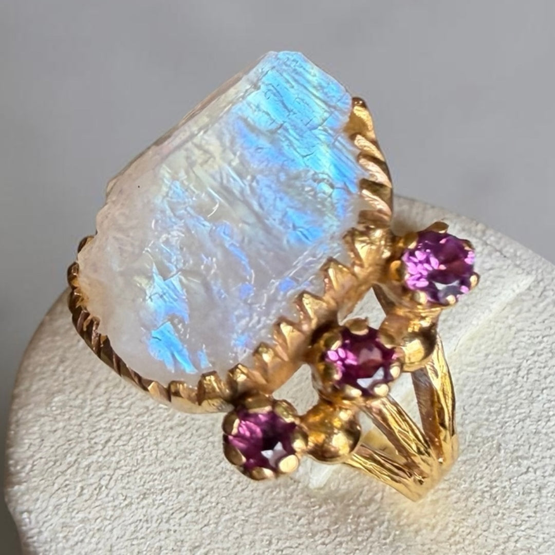 One-of-a-Kind Natural Rough Moonstone & Amethyst Statement Ring – 18K Gold Plated Sterling Silver