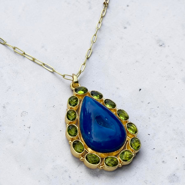 Solar Bloom blue Agate Druzy and green Quartz statement pendant necklace