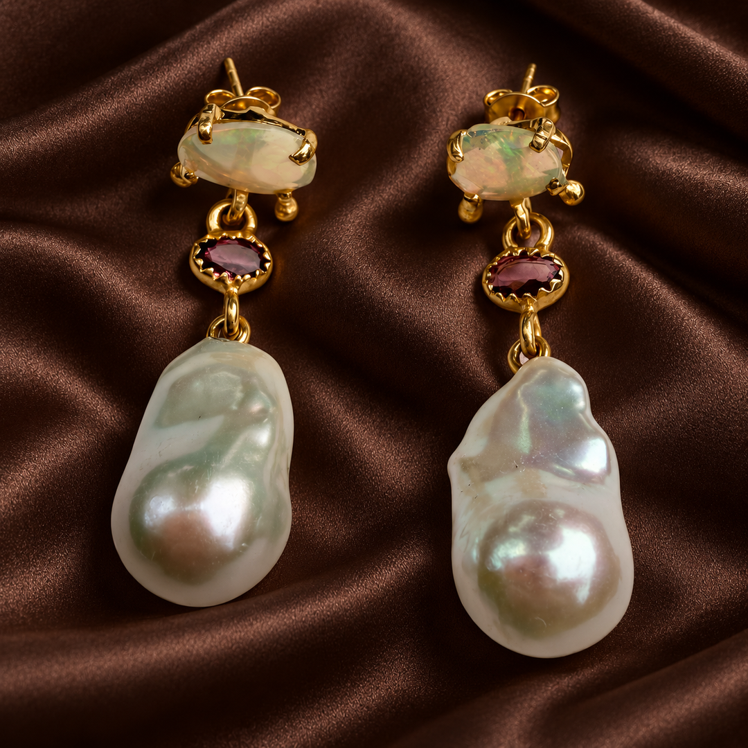 Fire Opal, Ruby & Baroque Pearl Drop Earrings – 18K Gold Plated Sterling Silver Statement Earrings