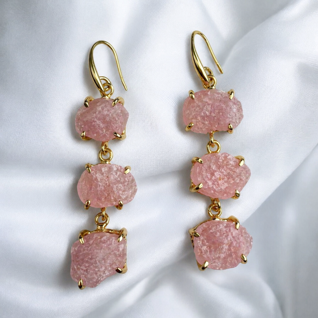 Three Tier Raw Crystal Drop Earrings
Moonstone Rose Quartz and
Aquamarine
