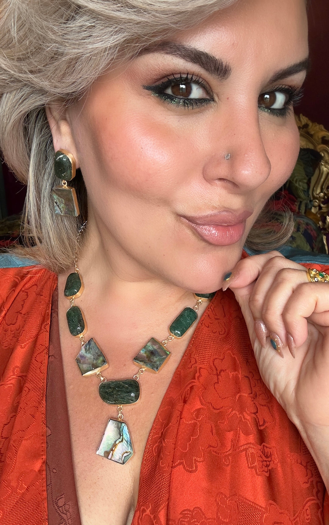 The Ethnic Allure Green Aventurine & Abalone Shell Necklace and Earring Set
