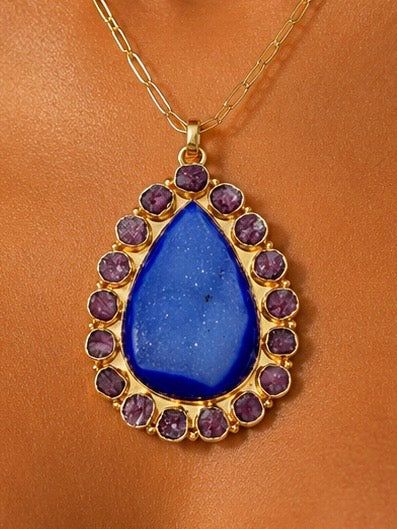 Solar Bloom Ocean Blue Agate Druzy & Amethyst Pendant Necklace
