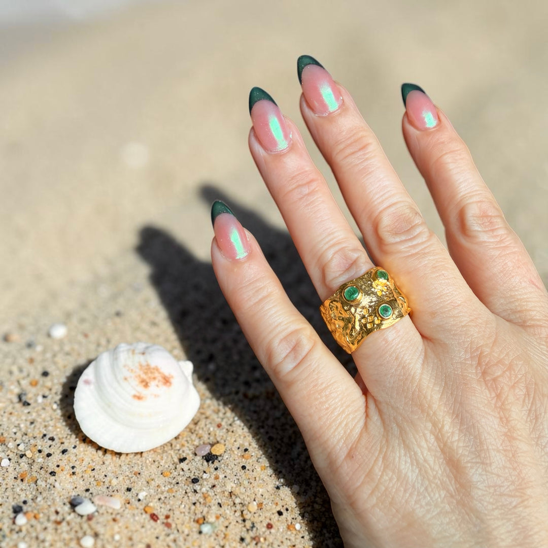 One-of-a-Kind Emerald Statement Ring Triple Gold Plated Sterling Silver Wide Band