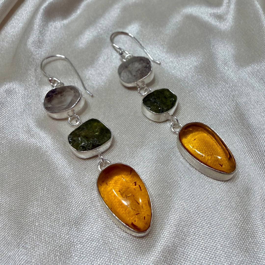 Three-Tier Crystal Earrings | Quartz, Peridot & Amber | Sterling Silver