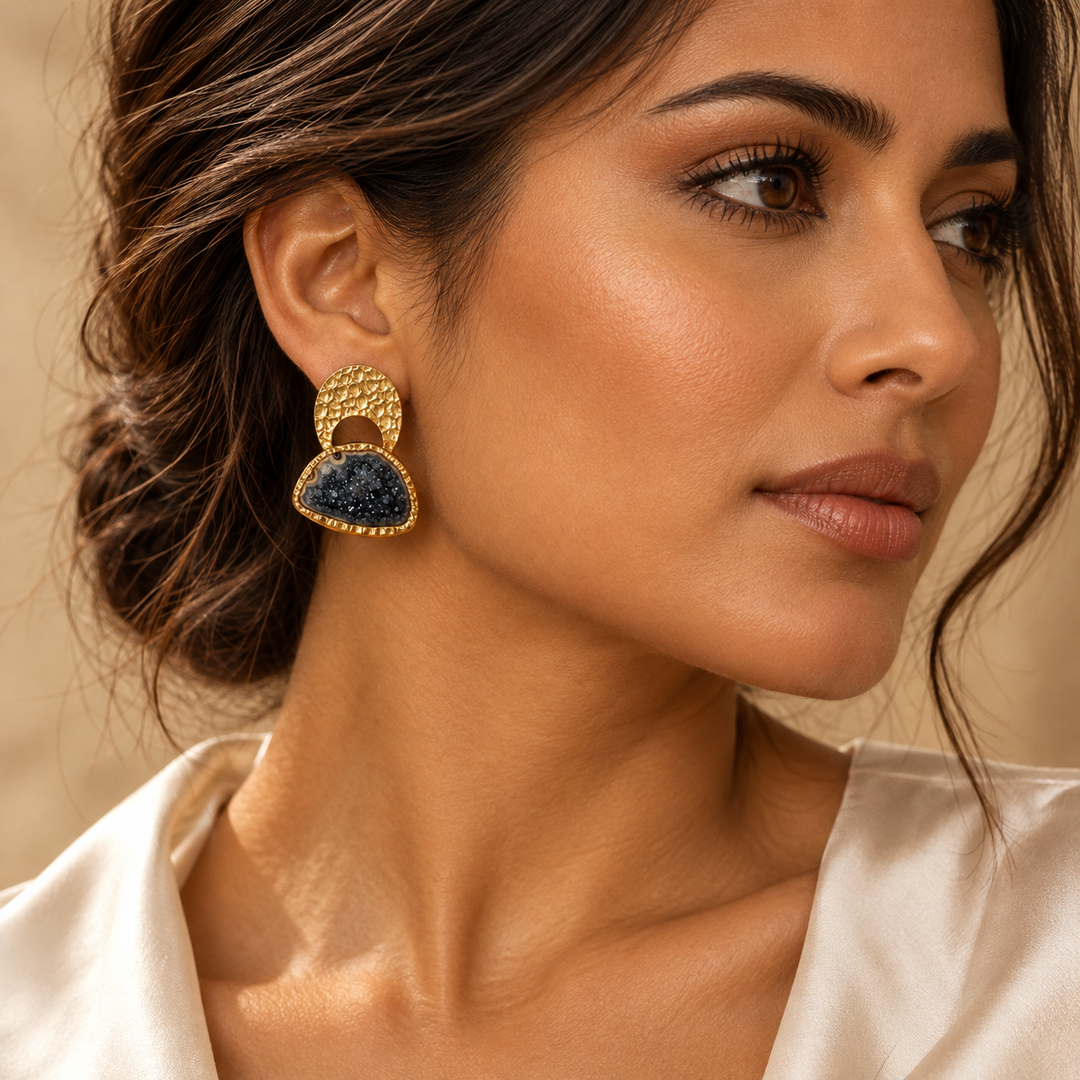 Byzantine Gold Hammered Agate Druzy Earrings | Black Agate