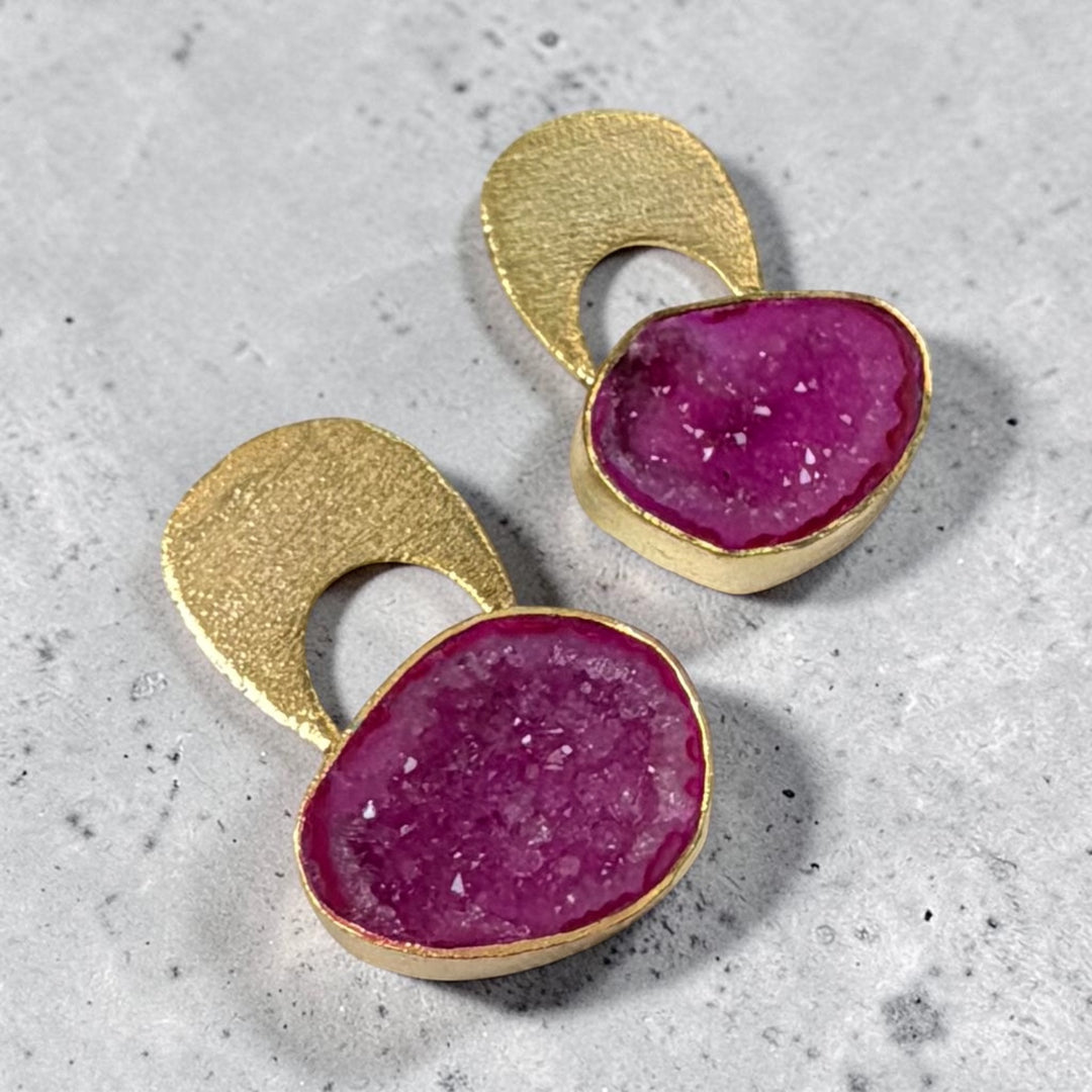 Temple Druzy Earrings in Blue, Pink, Black & White | 18k Gold Plated Statement Earrings