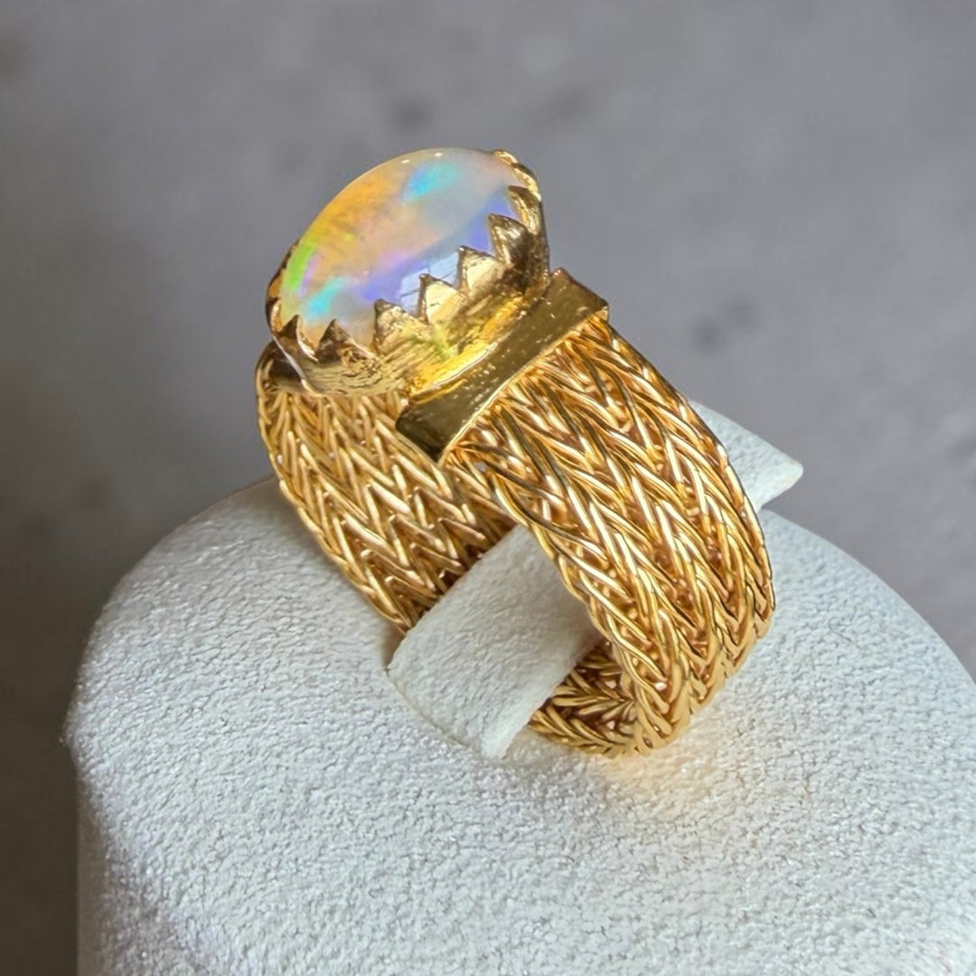 Fire Opal Statement Ring – Handmade Woven 18K Gold Plated Sterling Silver