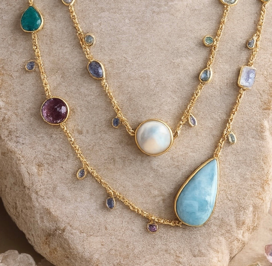 Zarif Larimar, Tourmaline, Tanzanite, Pearl & Amethyst Layered Necklace