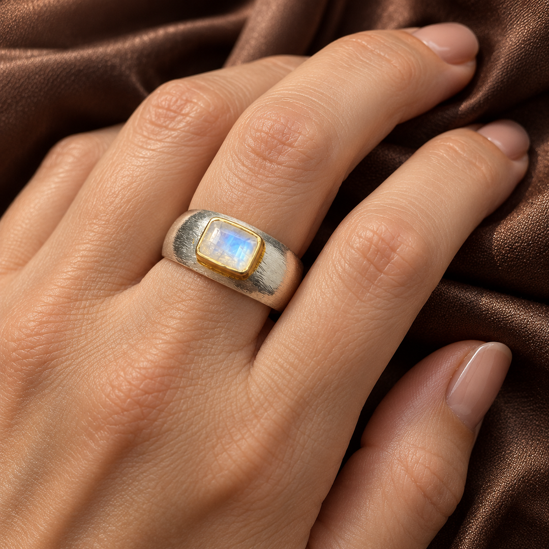 Rainbow Moonstone Sovereign Ring