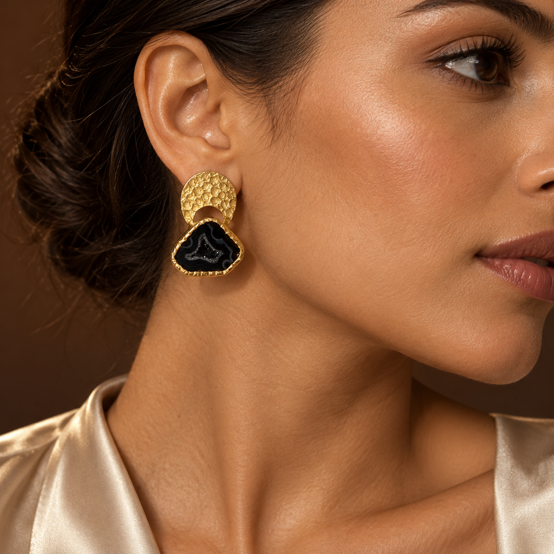 Byzantine Gold Hammered Black Agate Druzy Earrings