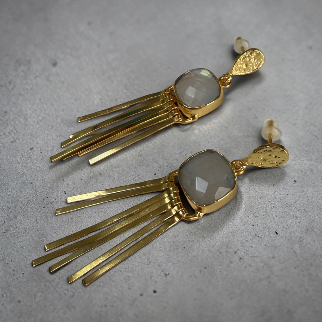 Cosmic Flame Earrings – Gold Statement with Natural Gemstones | Labradorite, Moonstone, Obsidian, Garnet
