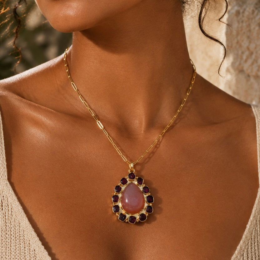 Solar Bloom | Peach Agate Druzy & Natural Garnet Statement Necklace