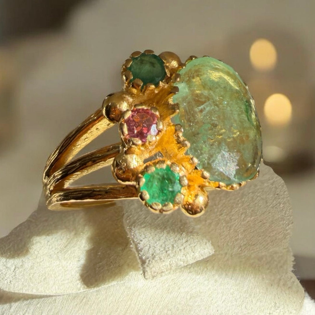 One-of-a-Kind Peridot, Emerald & Ruby Statement Ring – 18K Gold Plated Sterling Silver