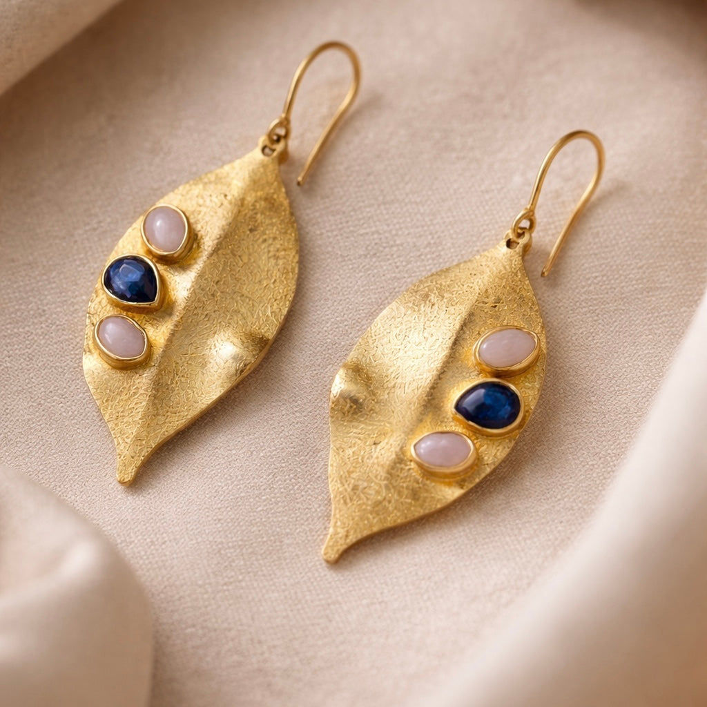 Moonstone & Sapphire Gold Leaf Drop Earrings