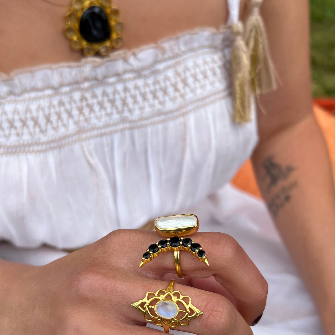 Lunar Veil black Obsidian and Fresh Water Pearl Ring