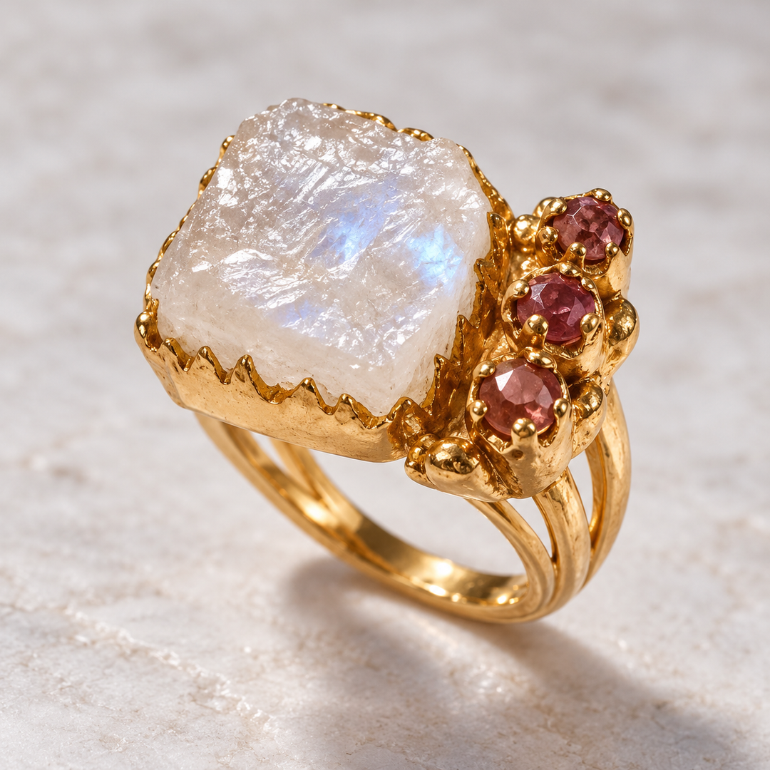 Moonlight Reverie Moonstone & Ruby Ring