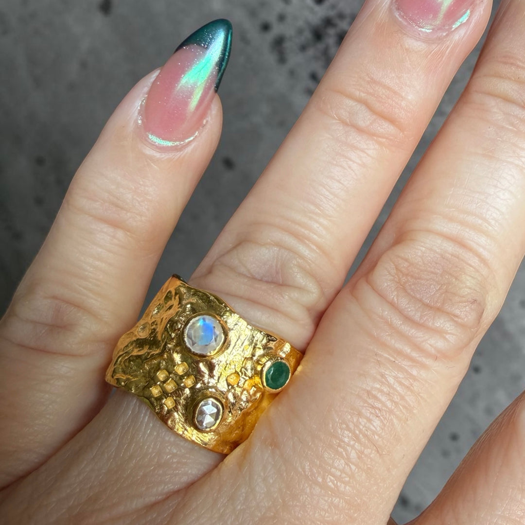 One-of-a-Kind Emerald, Moonstone & Diamond Statement Ring in Gold-Plated Sterling Silver