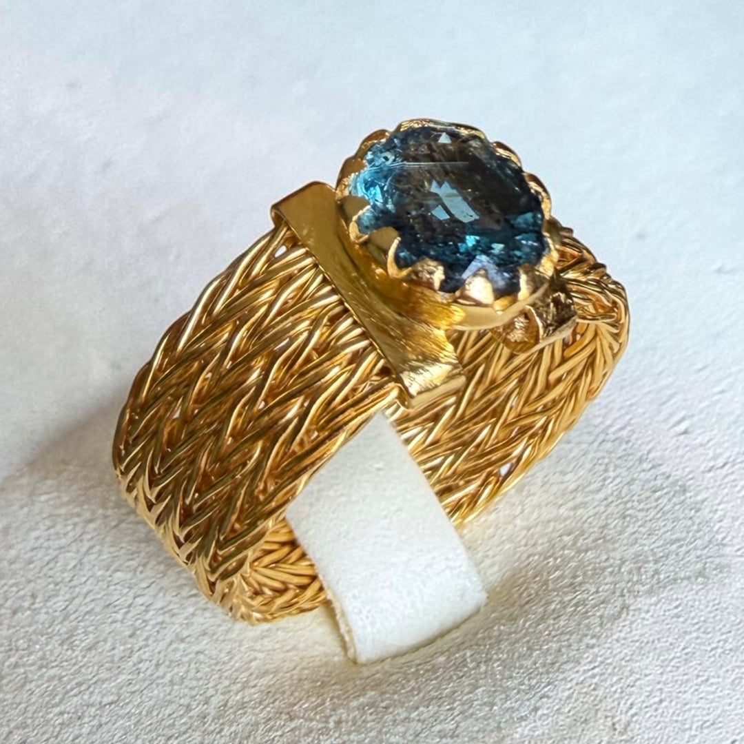 One-of-a-Kind Sapphire Statement Ring – Handmade 18K Gold Plated Sterling Silver Woven Band