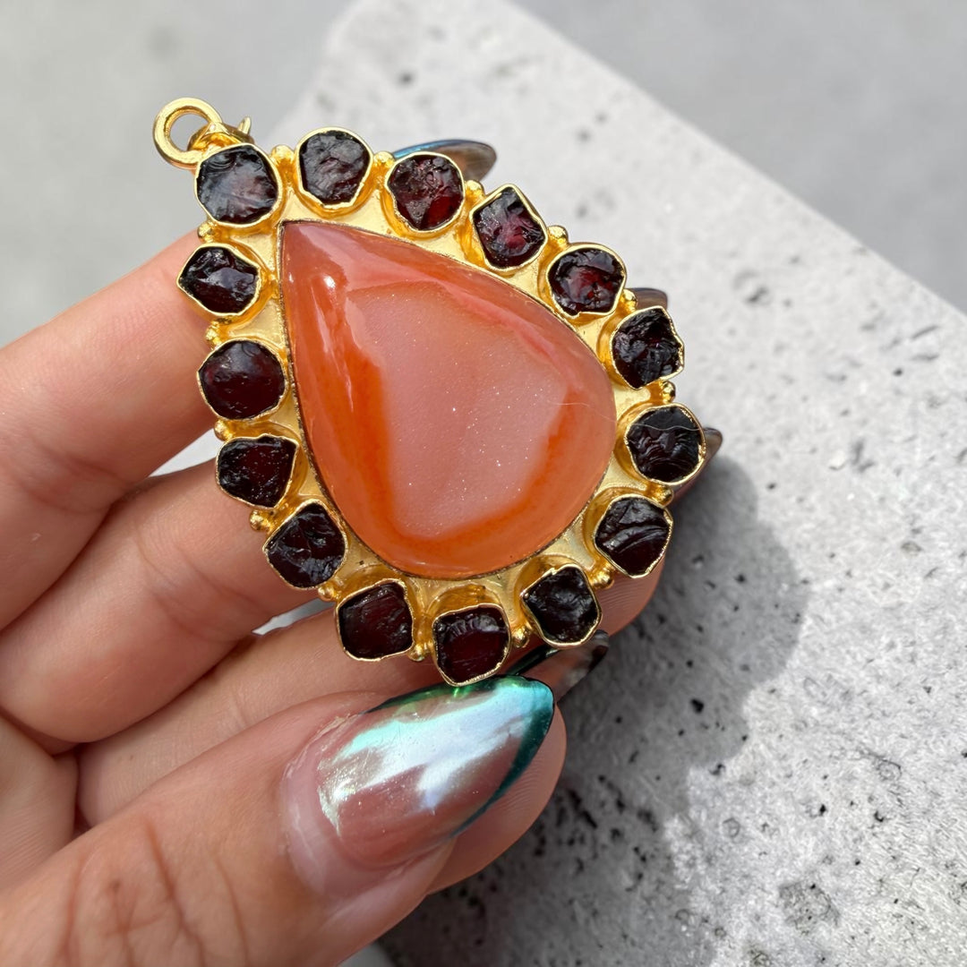 Solar Bloom Peach Agate Druzy & Garnet Statement Necklace