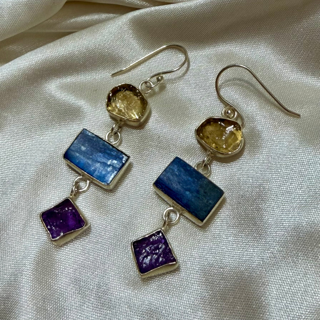 Three-Tier Crystal/ Silver Earrings – Citrine, Kyanite & Amethyst