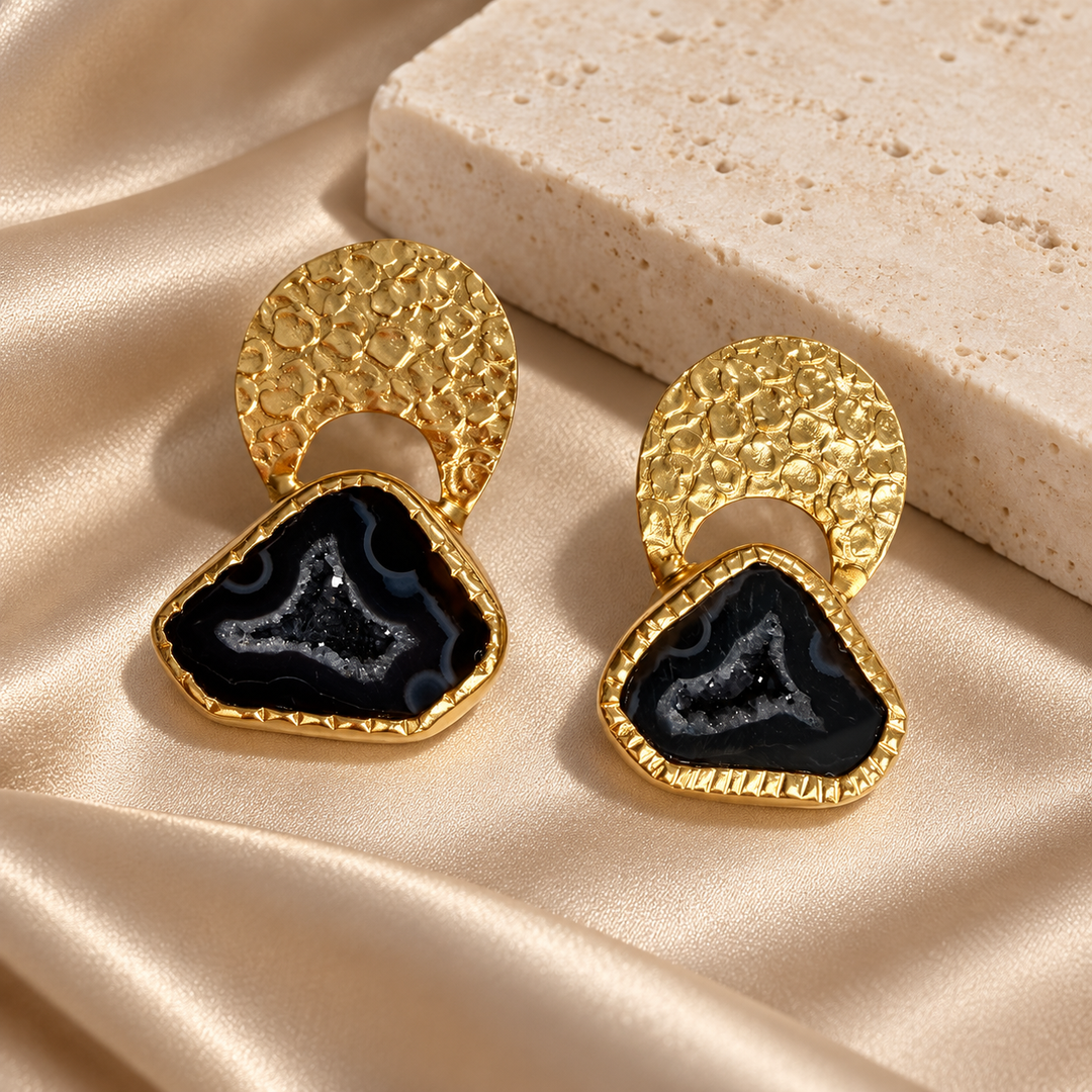 Byzantine Gold Hammered Black Agate Druzy Earrings