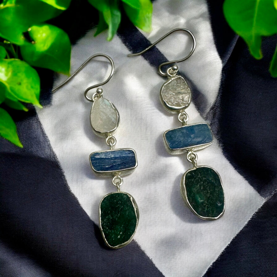 Ethnic Allure Three Stone Gold and Silver Earrings