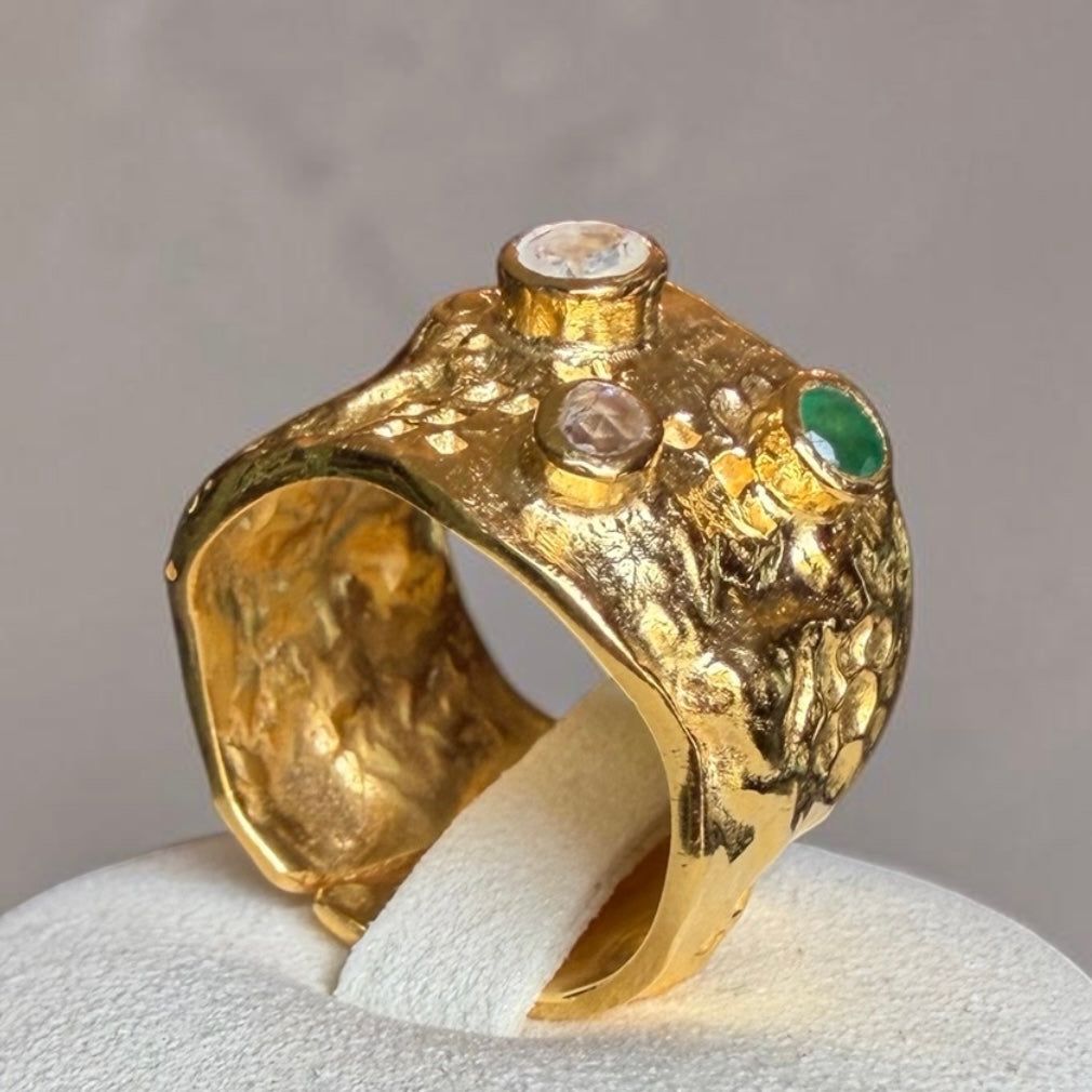One-of-a-Kind Emerald, Moonstone & Diamond Statement Ring in Gold-Plated Sterling Silver