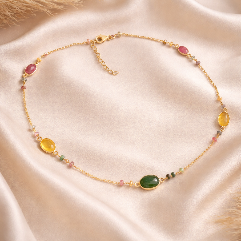 Ruby Citrine Emerald Necklace  925 Sterling Silver 18K Gold Plated
