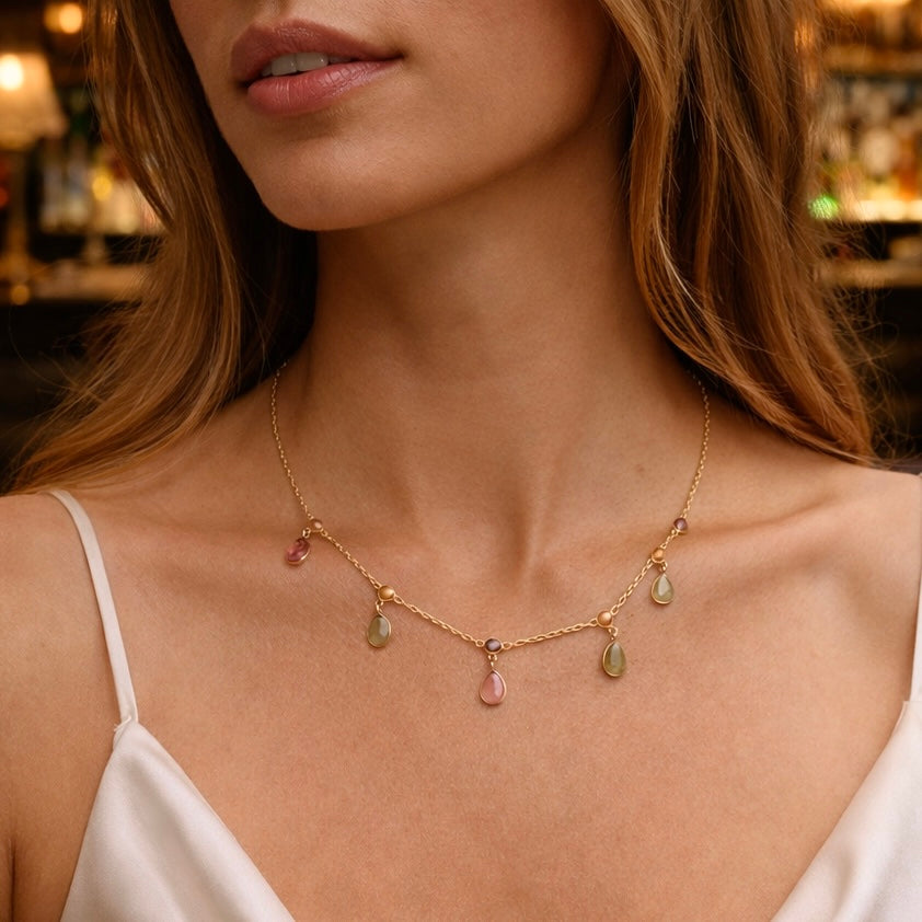 Pastel Tourmaline Drop Necklace – 18K Gold Plated Sterling Silver, Pink & Green Natural Gemstone Charm Necklace