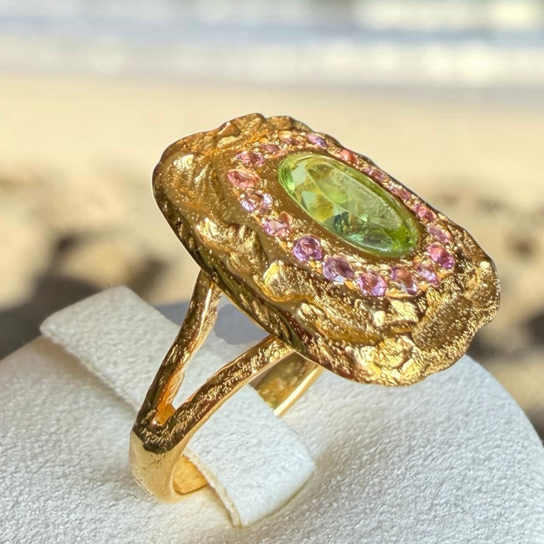 One-of-a-Kind Peridot & Ruby Halo Statement Ring – 18K Gold Plated Sterling Silver