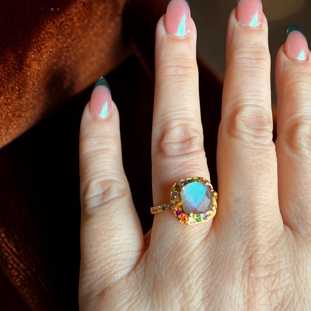 One-of-a-Kind Labradorite Treasure Box Ring – Gold Multicolour Gemstone Statement Ring
