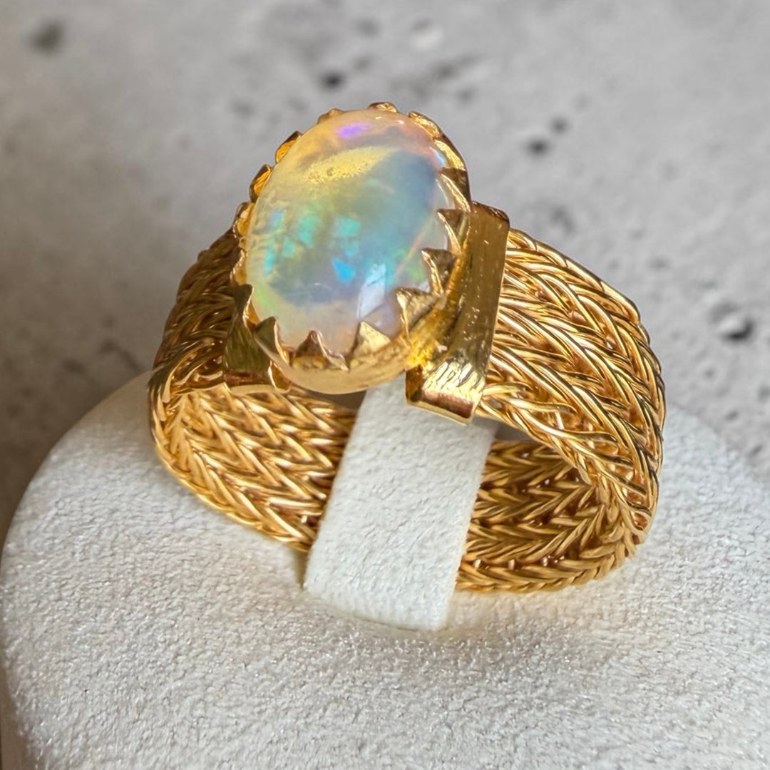 Fire Opal Statement Ring – Handmade Woven 18K Gold Plated Sterling Silver