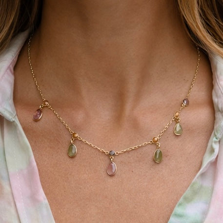 Pastel Tourmaline Drop Necklace – 18K Gold Plated Sterling Silver, Pink & Green Natural Gemstone Charm Necklace