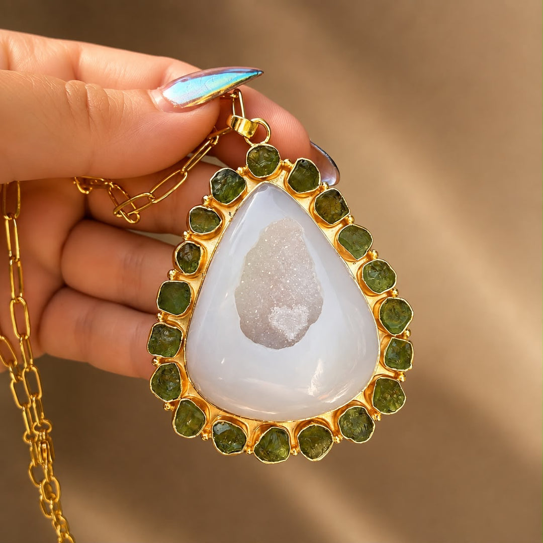 One-of-a-kind natural gemstone pendant with white druzy, peridot and gold-plated setting