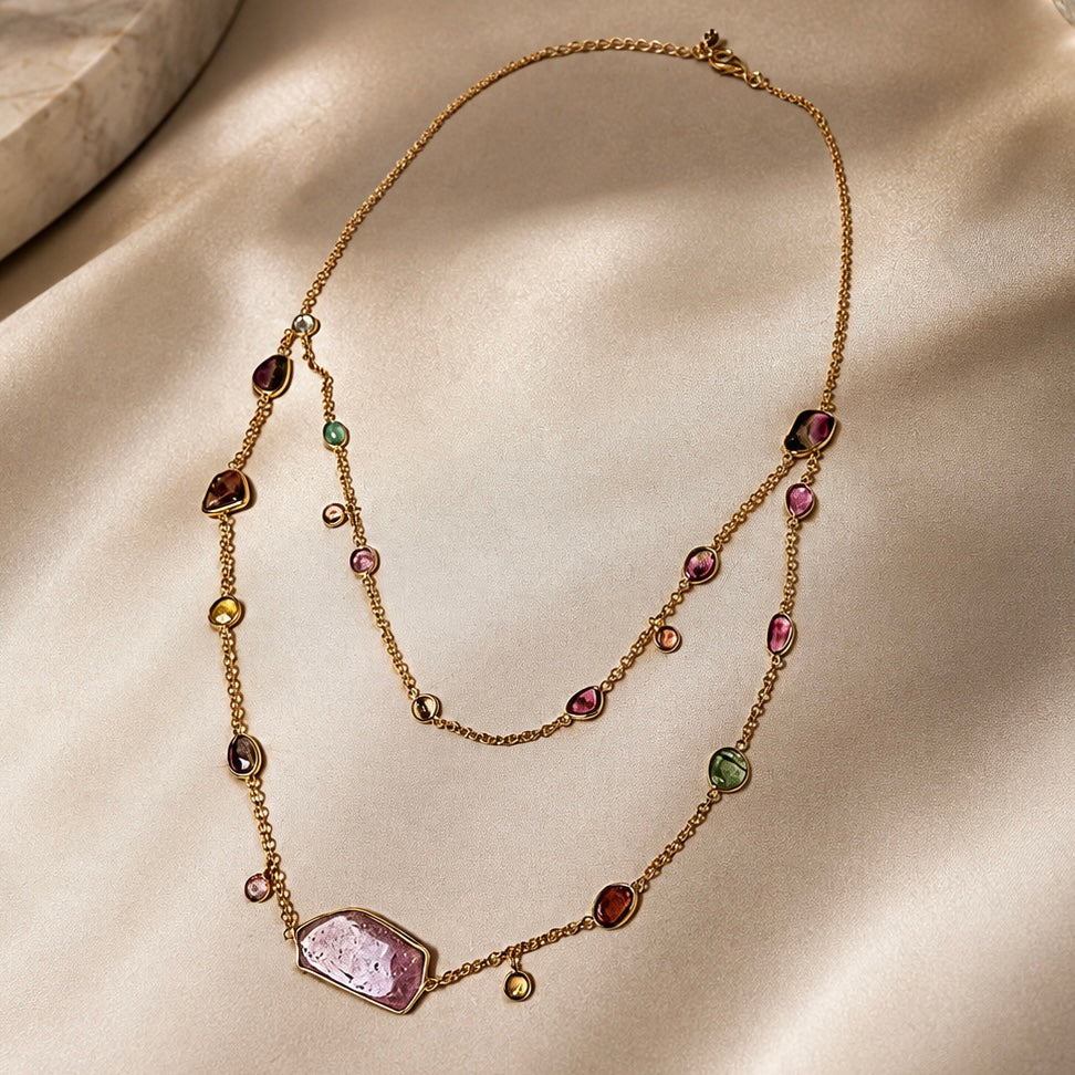 Zarif Watermelon Tourmaline Two Layer Necklace