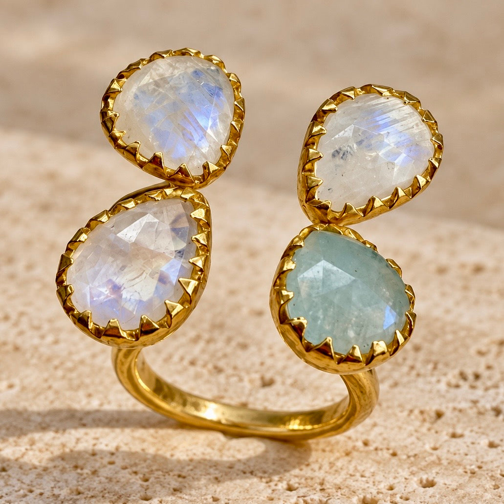 Lunar Butterfly Ring | Rainbow Moonstone & Aquamarine